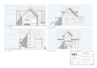 Fasadetegning som viser bygningens utseende fra fire ulike vinkler (Vest, Vest Eks, Nord og Nord Eks) med mål og detaljer.