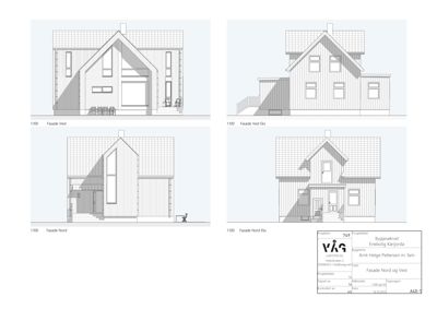 Fasadetegninger for bygningen sett fra nord og vest.