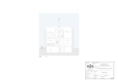 Snittegning (Snitt B) som viser bygningens tverrsnitt med romfordeling og konstruksjon.