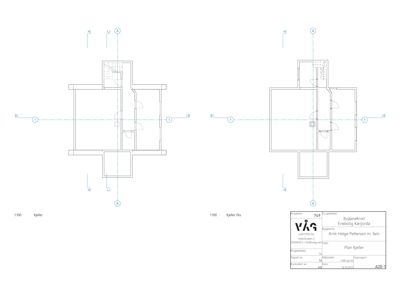 Plantegning av kjelleretasje (eller 'Kjeller Dis' som står på tegningen) med romfordeling, dører, vinduer og snittlinjer.