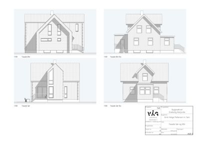 Fasadetegninger som viser bygningens utseende fra fire ulike vinkler (Øst, Sør, Vest og Nord).