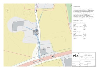 Situasjonsplan som viser tomtens beliggenhet i forhold til nabolag, veier (Hagskarveien, 815) og eiendomsgrenser. Planen inneholder også en tekstbeskrivelse av arealoppsett og endringer.