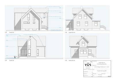 Bildet viser fire fasadetegninger (Øst, Vest, Sør og Nord) for en villa, inkludert mål og detaljer.