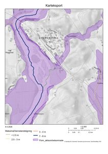 Kart som viser oversvømmelsesområder (karteksport) for Storekvina-området.