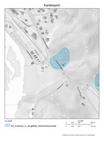 Situasjonsplan som viser topografi, vegnett og bygningsplasseringer i området.