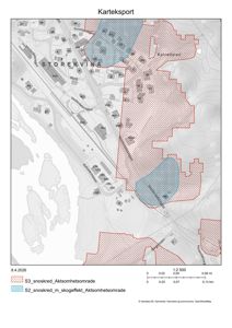 Kart som viser et karteksport med overlag for aktsomhetsområder (S3 og S2) i et geografisk område.