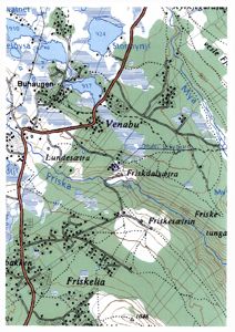 Et topografisk kart som viser terrenget, vannmasser (søer og elver), veier og bebyggelse i området rundt Venabu, Friskdalsætra og Friskelia.