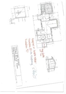 Etasjeplan med romfordeling, dimensjoner og håndskrevne notater om aksepterte endringer.