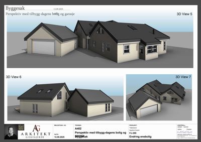 3D-visualiseringer (renderinger) av en planlagt bolig og garasje sett fra ulike vinkler.