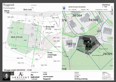 Situasjonsplan (Utomhusplan) som viser tomtens grenser, nabotomter, bygningers plassering, arealer (MUA, rives) og koter.