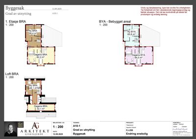 Etasjeplaner (1. Etasje og Loft) som viser romfordeling, arealoppdelt på BRA og BYA, samt endringer i en byggesak.