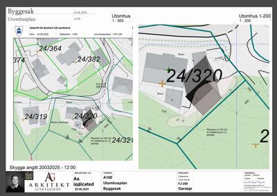 Situasjonsplan (tomtekart) som viser tomtens grenser, nabotomter, eksisterende og planlagt bebyggelse samt skyggefall.