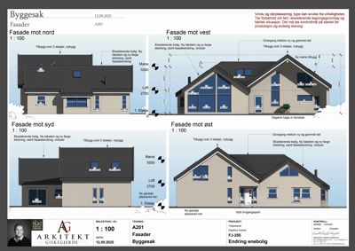 Fasadetegning som viser bygningens utseende fra alle fire sider (nord, vest, syd, øst) med mål, detaljer og endringer.
