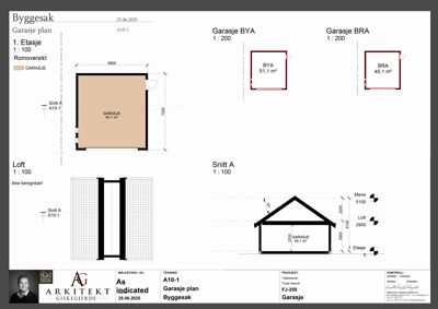 En tegning som viser etasjeplaner (1. Etasje og Loft) for en garasje, samt snittegning (Snitt A) og oppriss av garasjene sett fra utsiden.