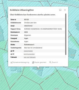 Et digitalt kart med overlappende informasjon om kvikkleirefare (NVE-rapport) for et område i Øygarden kommune.