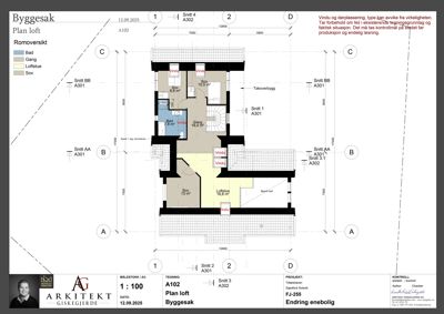 Etasjeplan (loft) som viser romfordeling, arealer og vinduoppsett for en byggesak.