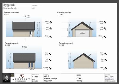 Fasadetegning for en garasje med utsnitt av nordvest, nordøst, sydøst og sydvest.