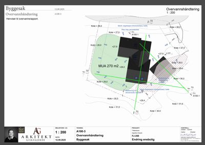 Situasjonsplan som viser tomtens høydemålinger (koter), vegetasjon, hekker og overvannshåndtering.