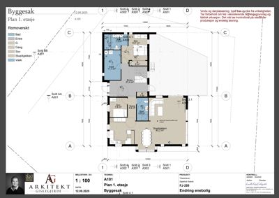 Etasjeplan (1. etasje) som viser romfordeling, mål og funksjoner for en bygning.