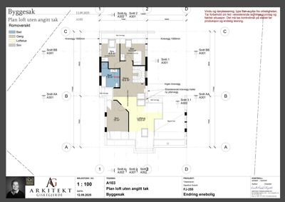 Etasjeplan (loft) for en byggesak som viser romfordeling, mål og snittreferanser.