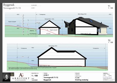 Tegning som viser et tverrsnitt (snitt) gjennom en bygning og terrenget, med høydemålinger og profilering.