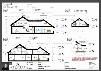 Snittegning (Snitt 3 og Snitt 4) som viser tverrsnitt gjennom en bolig med romfordeling, høyder og konstruksjonsdetaljer.