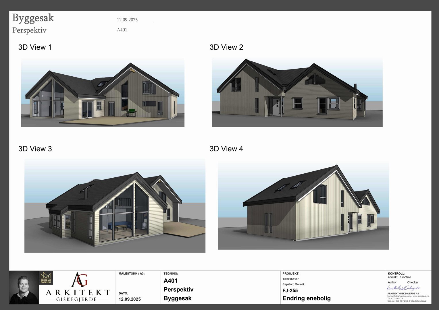 En arkitekttegning som viser fire ulike perspektiv (3D View 1-4) av en planlagt bolig i etasjeplan.