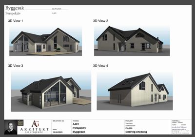 En arkitekttegning som viser fire ulike perspektiv (3D View 1-4) av en planlagt bolig i etasjeplan.