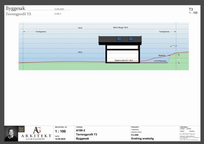 Snittegning som viser terrengprofil, skråningsplanering og bygningens plassering i forhold til tomtegrenser.