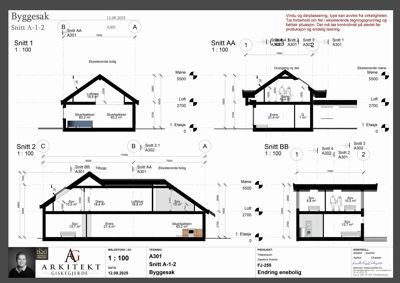 Snittegning (Snitt 1, 2, AA, BB) som viser tverrsnitt gjennom en bolig med oppgitt mål, høyder og romfordeling.