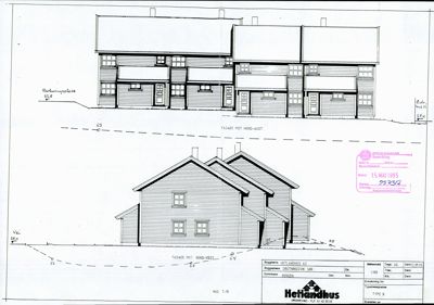 Fasadetegning som viser bygningens utseende fra to ulike vinkler (mot nord-øst og nord-vest).