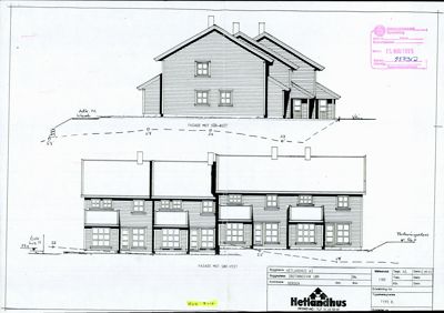 Fasadetegning som viser fronten på en bygning sett fra sør-vest og sør-øst.