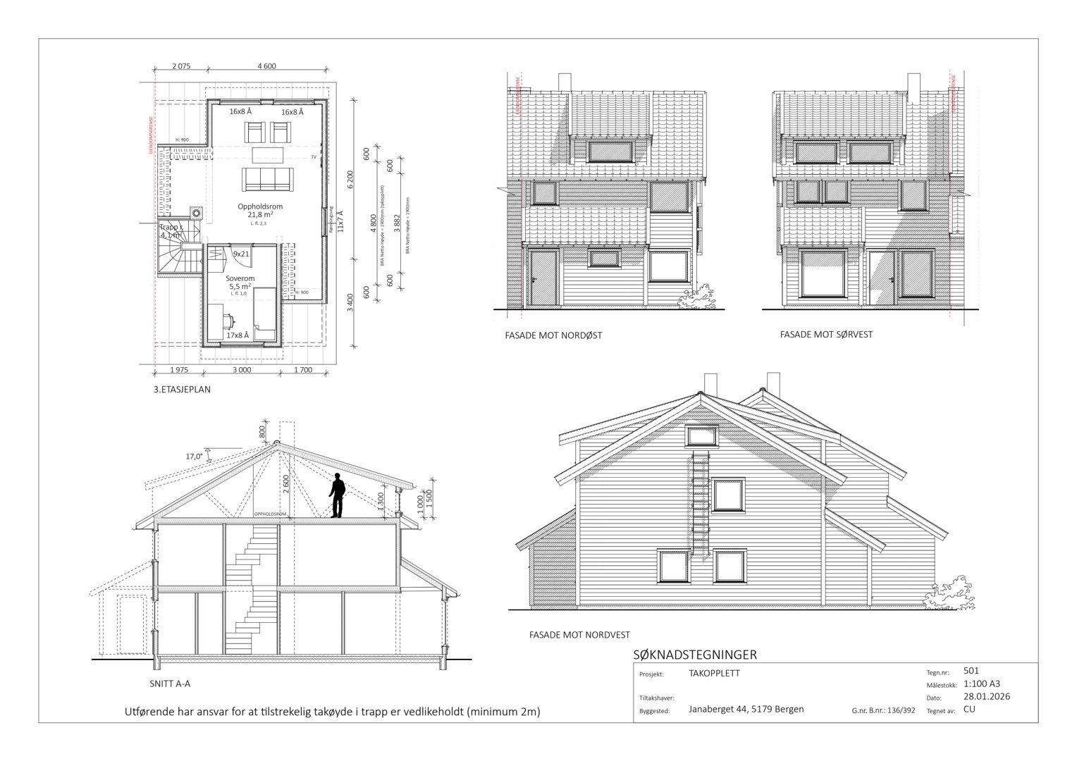 Bildet viser en samling tegninger for et takopplett, inkludert fasade mot nordøst, sørvest og nordvest, samt et snitt og etasjeplan.