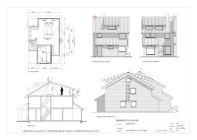 Bildet viser en samling tegninger for et takopplett, inkludert fasade mot nordøst, sørvest og nordvest, samt et snitt og etasjeplan.