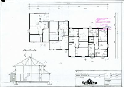 Etasjeplan (2. etasje) med romfordeling, dimensjoner og en snittegning av fasaden.