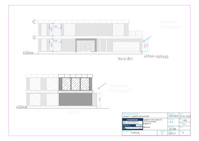 Fasadetegning som viser bygningens utseende sett fra nord-øst og syd-øst, inkludert mål og materialer.