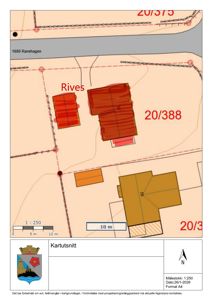 Kartutsnitt som viser tomt med bygninger, vegger, og eiendomsnummer (20/375, 20/388).