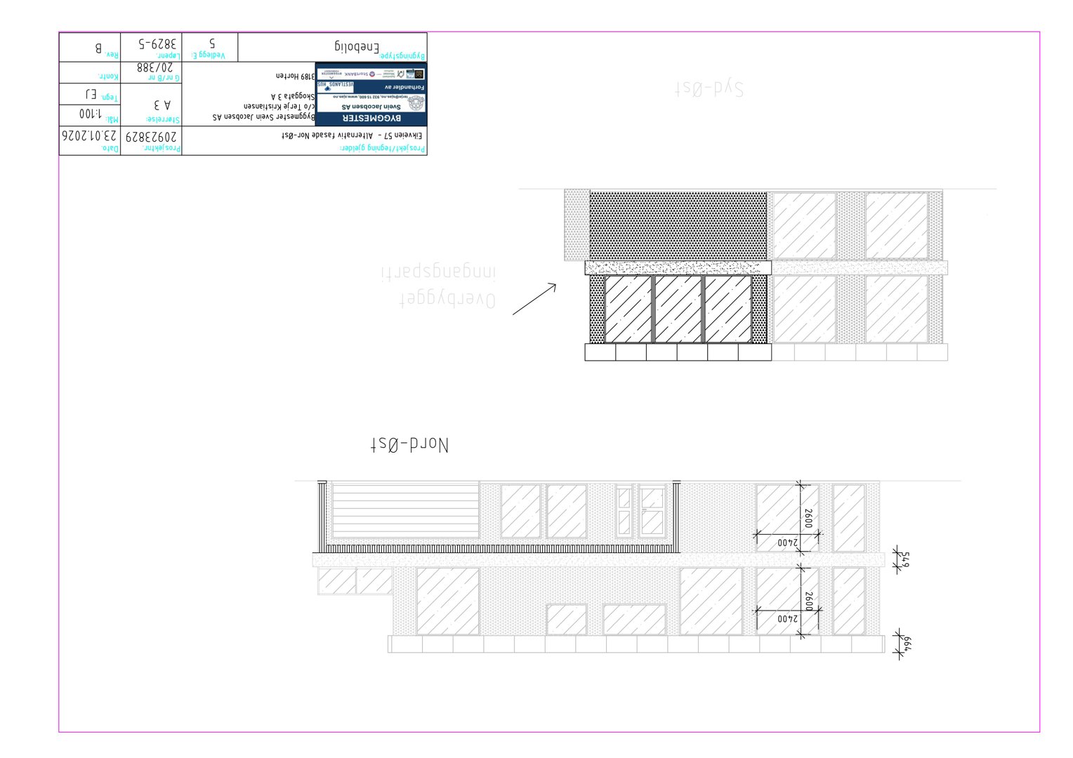 Fasadetegning som viser bygningens utseende sett fra nord-øst og syd-øst, med mål og vindusoppsett.