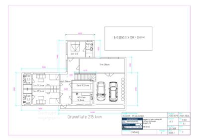 Etasjeplan (Grunnflate) for en bolig med romfordeling, mål og bilplassering.