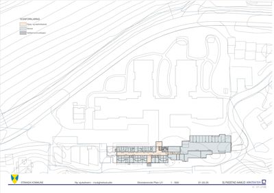Situasjonsplan som viser eksisterende bygninger og planlagt utvidelse for en ny sykeheim på tomtegrunn.