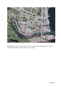 Bildet viser et flyfoto eller satellittbilde av et område med bygningsplasseringer, vann og terreng. Det er lagt over linjer som markerer koter (f.eks. 6 m.o.h) og en 500 m-referanse. Teksten under bekrefter at dette er et faresonekart basert på NVE Atlas.