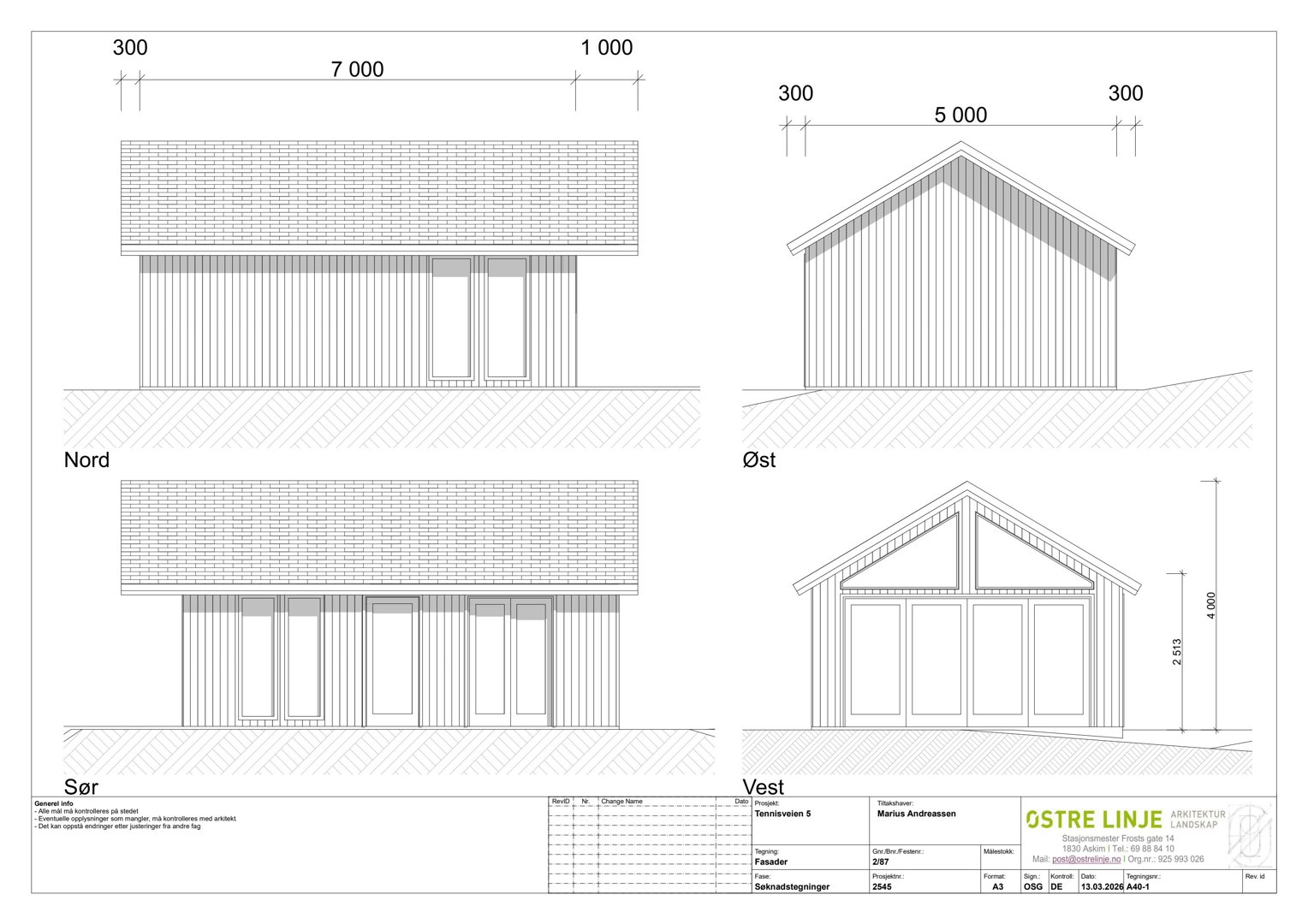 Fasadetegning som viser bygningens utseende fra fire sider (Nord, Øst, Sør, Vest) med mål og detaljer.