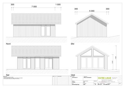 Fasadetegning som viser bygningens utseende fra fire sider (Nord, Øst, Sør, Vest) med mål og detaljer.