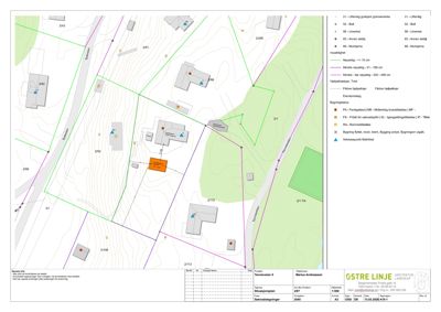 Situasjonsplan som viser tomtens form, høydeforhold, naboeiendommer og bygningsplassering.