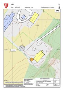 Situasjonsplan som viser tomtens beliggenhet, nabolag, høydeforhold (konturlinjer) og plassering av bygninger.