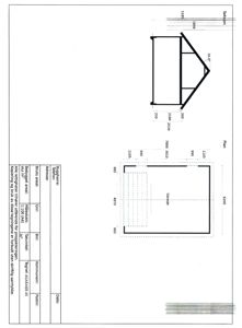 Etasjeplan med romfordeling (garasje) og snitt av takkonstruksjon.
