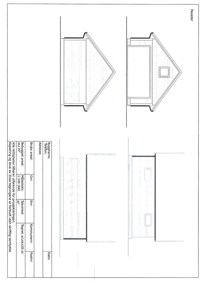 Fasadetegning som viser bygningens utsyn fra tre ulike vinkler (front, side og bakside).
