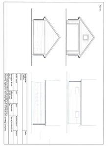 Fasadetegning som viser bygningens utsyn fra tre ulike vinkler (front, side og bakside).