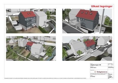 Bildet viser fire ulike vinkler på en 3D-visualisering av et hus (Lægdesvingen 21B) i et nabolag.