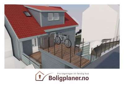3D-visualisering av et hus med terrasse og sykkelplass